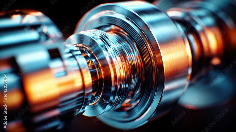 Poster intricate metal machine parts are highlighted with a dynamic range of lighting and shadows, showing 