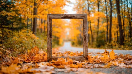 Autumnal Equinox View: Wooden Frame on Road with Fall Foliage Displaying Vibrant Yellows and Oranges