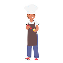 Boy child cartoon character baking muffins decorating pastry with icing glaze full-length portrait