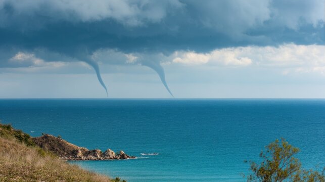 Two fascinating waterspouts emerge from dark clouds, stretching toward the calm sea. The coastal landscape displays lush greenery alongside the vivid blue waters. - Powered by Adobe