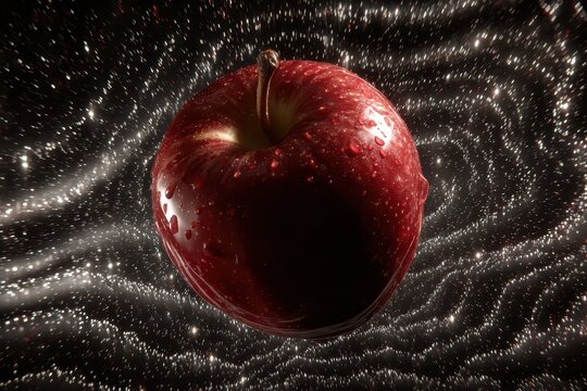 Red apple floats in zero gravity among swirling cosmic stars and distant galaxies, creating a surreal space phenomenon