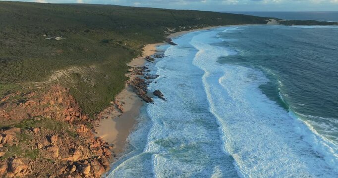 4k Aerial views of rugged rocky coastline in South West Australia at sunset