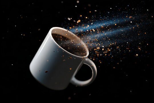 Coffee mug spills in zero gravity with cosmic dust and vibrant particles swirling in a dark space environment