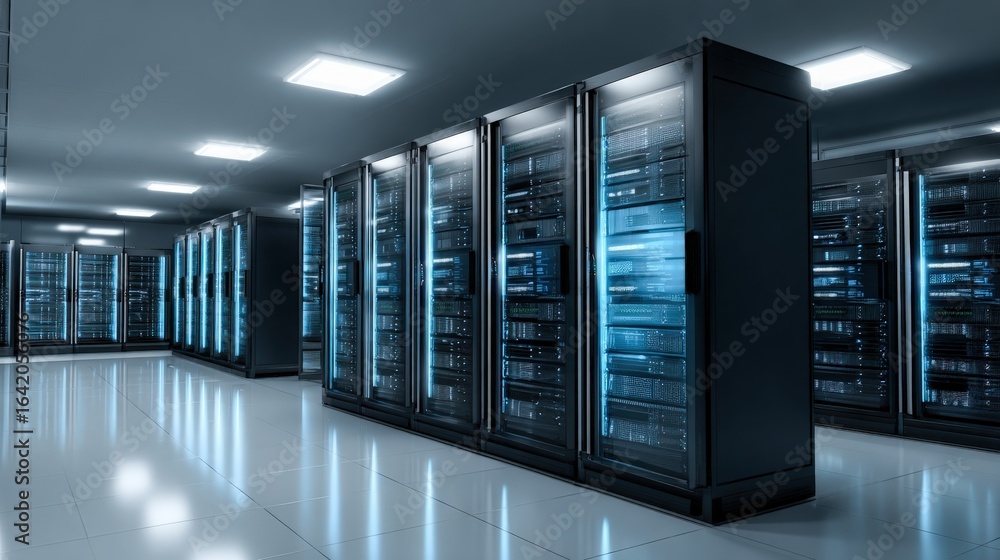 Poster server room data center with rows of rack servers for data storage and processing
