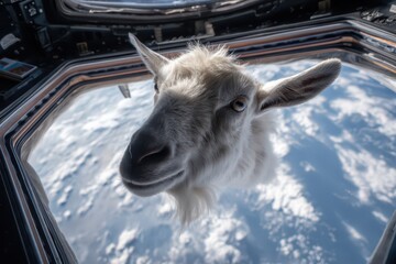 Goat floats weightlessly in space while peering through a window, showcasing the unique perspective of life beyond Earth at a distant time