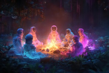 Diverse aliens gather around a glowing campfire in a mysterious forest at night, sharing stories and connections under a starry sky