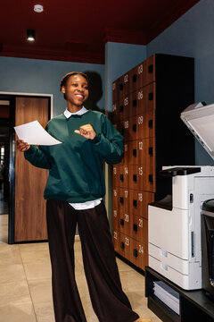 Woman Having Physical Education Minute Near Office Printer