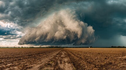 Storm clouds loom ominously over a barren field, creating a dramatic contrast with the brown earth below. The atmosphere is charged as nature prepares for a downpour.