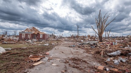 A tornado ripped through a rural area, leaving behind a landscape of destruction with damaged homes, downed trees, and debris scattered everywhere under a cloudy sky.