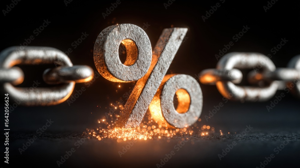 Poster a glowing percentage symbol with chains represents financial concepts in a dynamic composition.