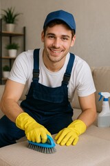 Man cleaning sofa with brush while wearing yellow gloves indoors  