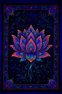 A stylized lotus flower with several layers of petals. The petals feature warm and cool gradients, primarily pinks, purples, and blues.