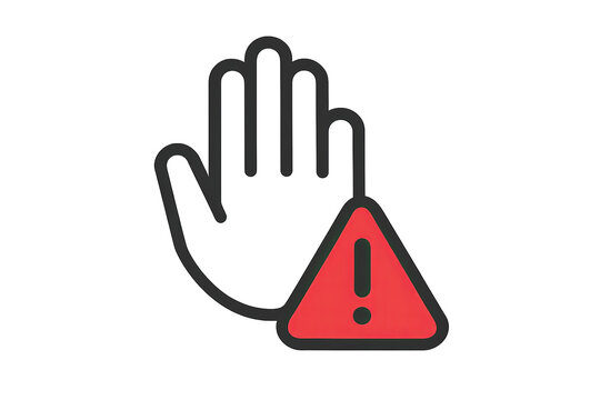 Black outline hand with red triangle exclamation mark warning icon, no touching, transparent background