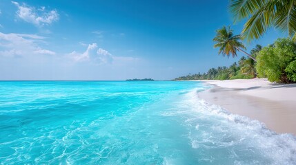 Fototapeta premium Enjoy the picturesque scenery of a tropical beach, with the blue ocean and sky.