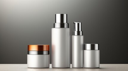 Cosmetic bottles with silver caps on gray background, beauty products