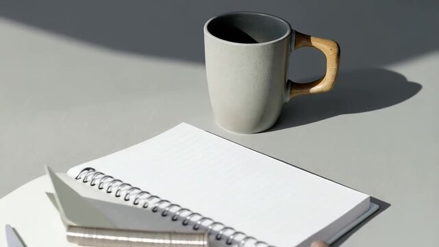 Smiling left-handed woman writing in notebook with coffee on desk, warm workspace ambiance with copy space