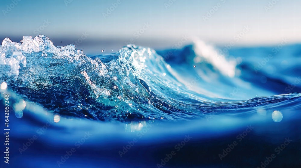 Poster a close-up view of a wave's crest in the vast blue ocean, capturing its fluid motion and power.