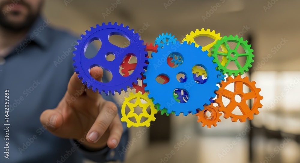Poster interactive 3d rendering of colorful gears illustrating innovation, collaboration, and mechanical pr