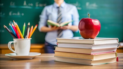 A teacher stands in front of a chalkboard with a stack of books, an apple, and pencils on a desk, symbolizing education and learning