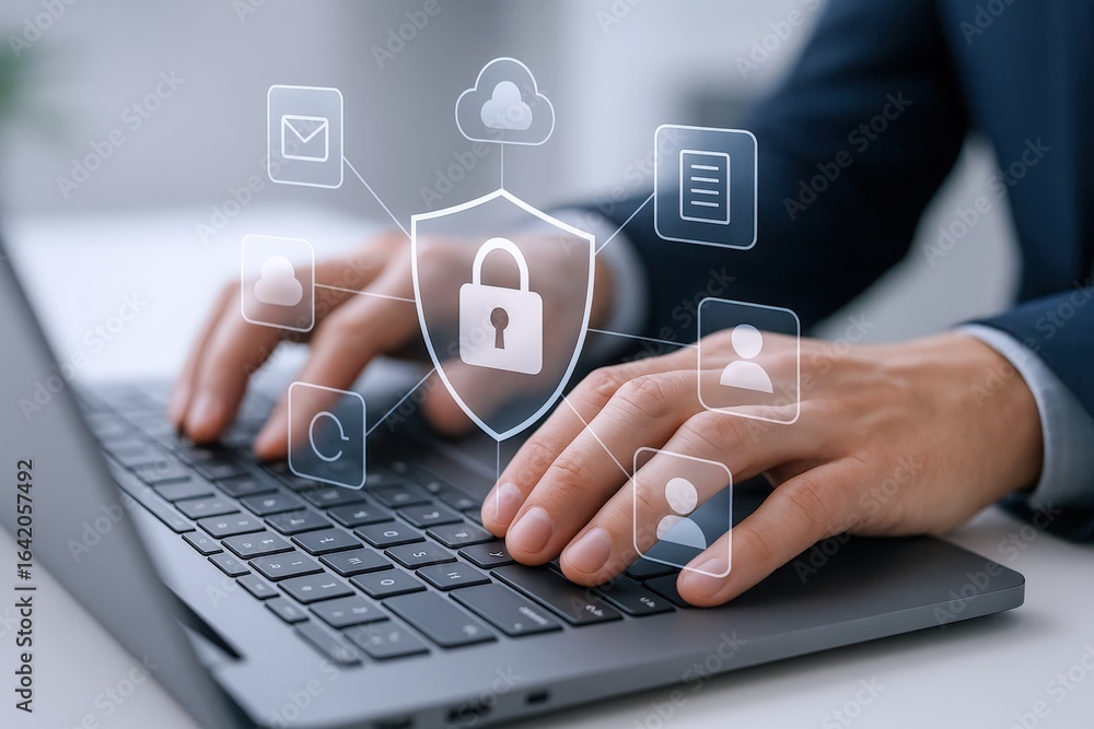 Aufkleber cybersecurity professional typing on laptop with security shield and data icons overlay, illustratin