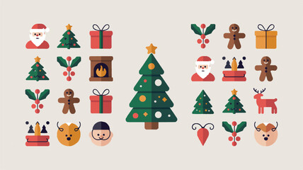 Fototapeta premium Festive Christmas Icon Collection Featuring Santa Claus Christmas Trees Reindeer and More in a Flat Design Aesthetic