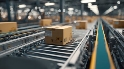 A 4K photo of box is on a conveyor belt in a factory.