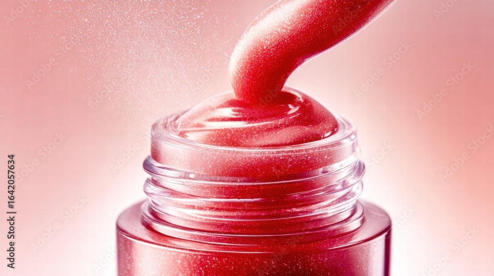 Poster a captivating close-up showcases red lip gloss application, emphasizing its glossy texture and vibra