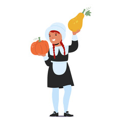 Cute little girl cartoon character wearing traditional thanksgiving costume carrying pumpkin harvest