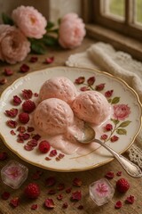 Ice cream scoops served in floral bowl with raspberries and flowers  