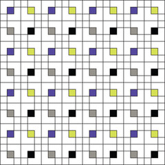 Grid of black squares on a white background, with small squares coloured in deep violet, lime yellow, grey and black