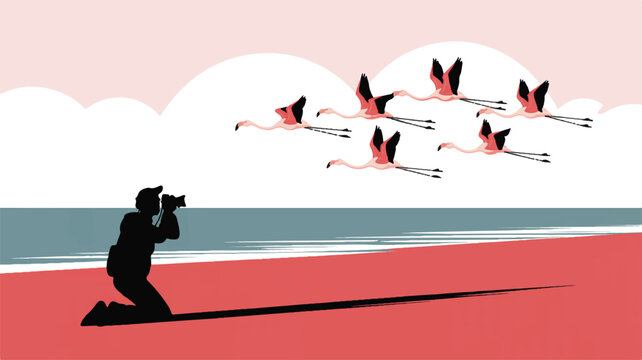 Flamingo photography session on tropical beach with beautiful birds flying in formation and photographer silhouette capturing the moment