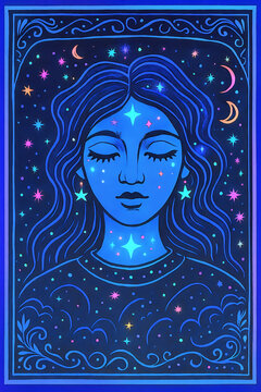 Stylized illustration of a deep blue female figure, with closed eyes and a serene expression, surrounded by stars, the moon, and flashes of light.