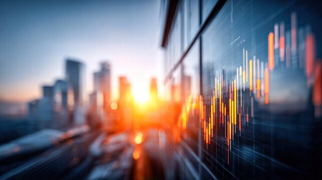 A financial graph is displayed over a modern building with a cityscape backdrop during sunset.