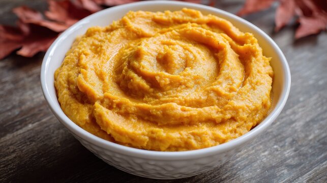 A 4K photo of creamy Mashed Sweet Potatoes in a White Bowl.