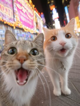 Excited cats taking a selfie in front of times square new york city urban setting nighttime fun concept
