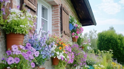 Colorful window boxes overflow with blooms, adding charm to a brick cottage exterior.