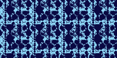 Abstract indigo blue batik dye seamless pattern, Organic bleed effect dyed wash background.