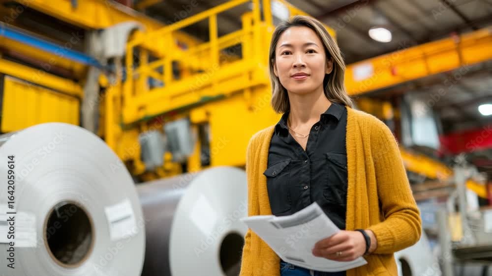 Poster woman engineer inspects quality and checklists on a factory floor with rolled materials like translu