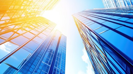 Looking up at tall, modern skyscrapers against a vibrant blue sky with bright sunlight.