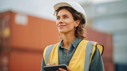 Female worker in safety gear using a tablet outdoors