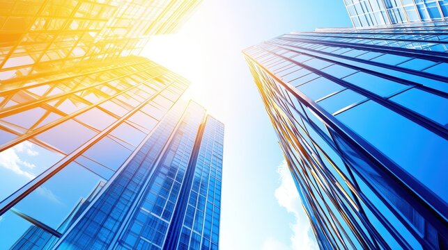 Looking up at tall, modern skyscrapers against a vibrant blue sky with bright sunlight.