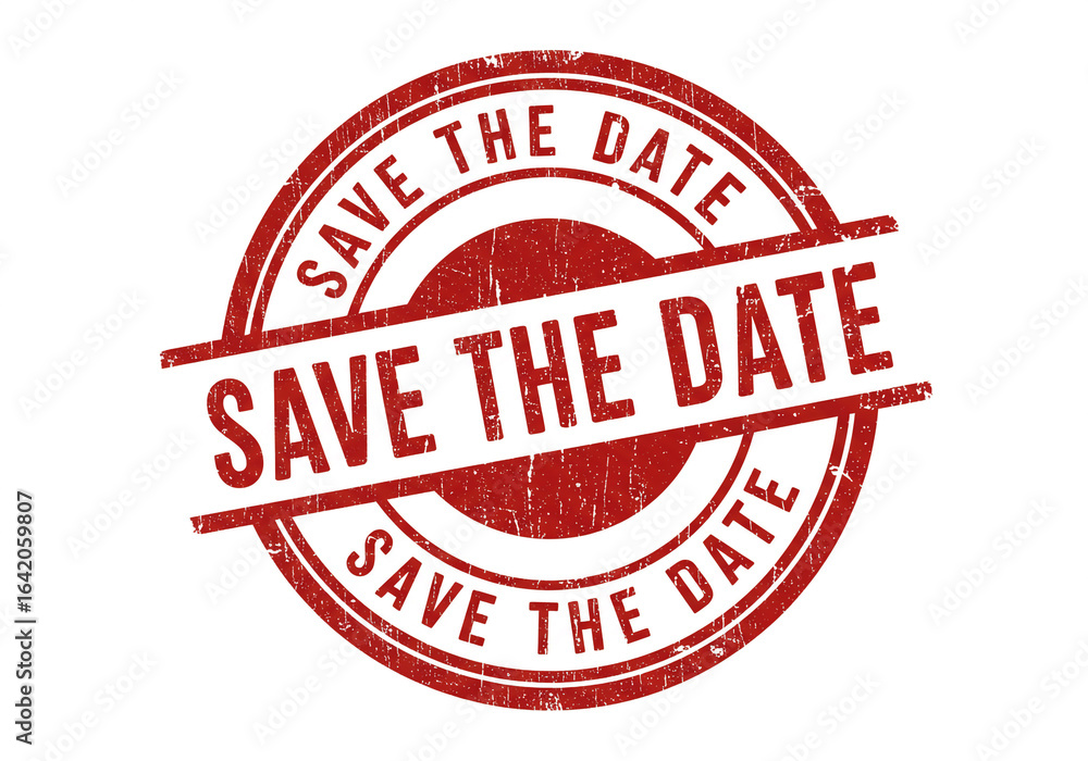 Poster red save the date rubber stamp with circular shape and distressed texture isolated on white