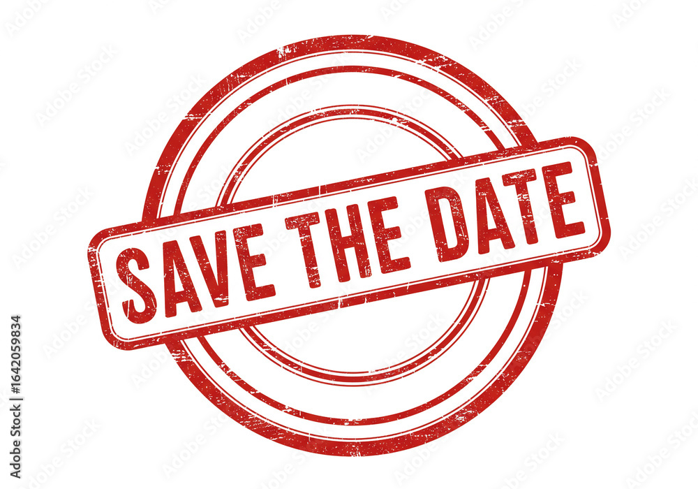 Poster a red save the date stamp with a circular border on a white background for announcements