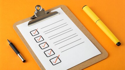 Clipboard with a completed checklist and two pens on a vibrant orange background
