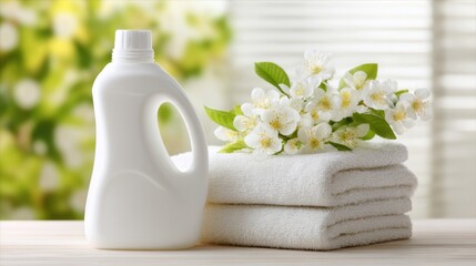 A bottle of laundry detergent sits next to neatly folded white towels and a bouquet of fresh flowers. Sunlight streams through a window, creating a serene atmosphere.