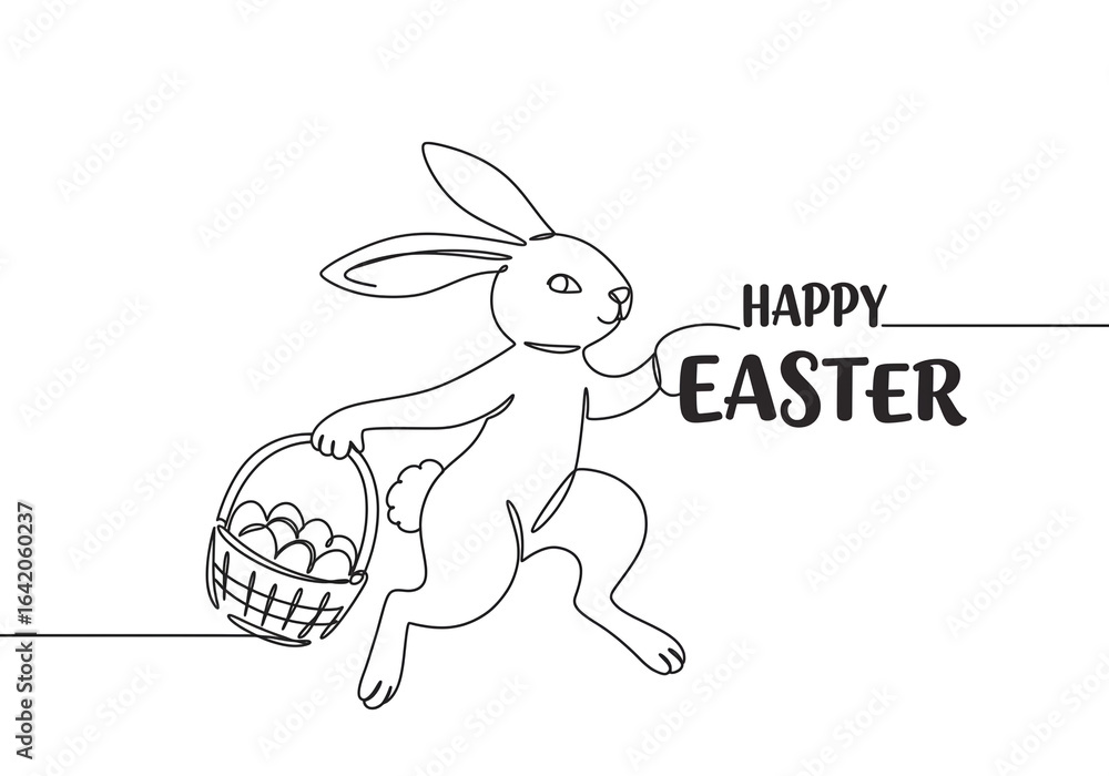 Poster continuous line drawing of easter bunny with basket of eggs and happy easter text design