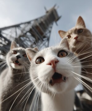 Three cats taking a selfie in front of the eiffel tower paris fun pet photography urban environment close-up view