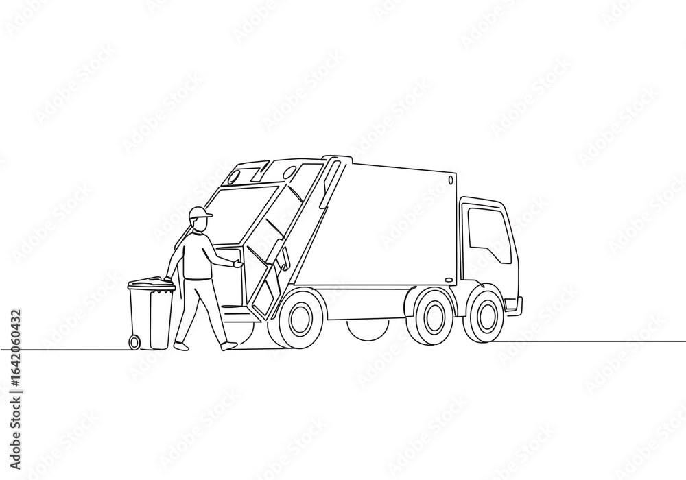 Poster continuous line drawing of garbage collector emptying trash bin into garbage truck vector art