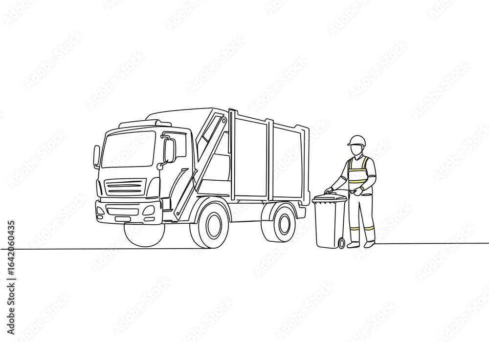 Poster a line drawing of a garbage truck and a sanitation worker with a trash can on a white background