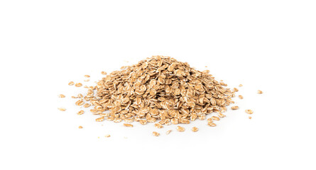 Spelt flakes isolated, dry raw rolled flat oat grains, wheat, oatmeal or bran, barley rye cereals